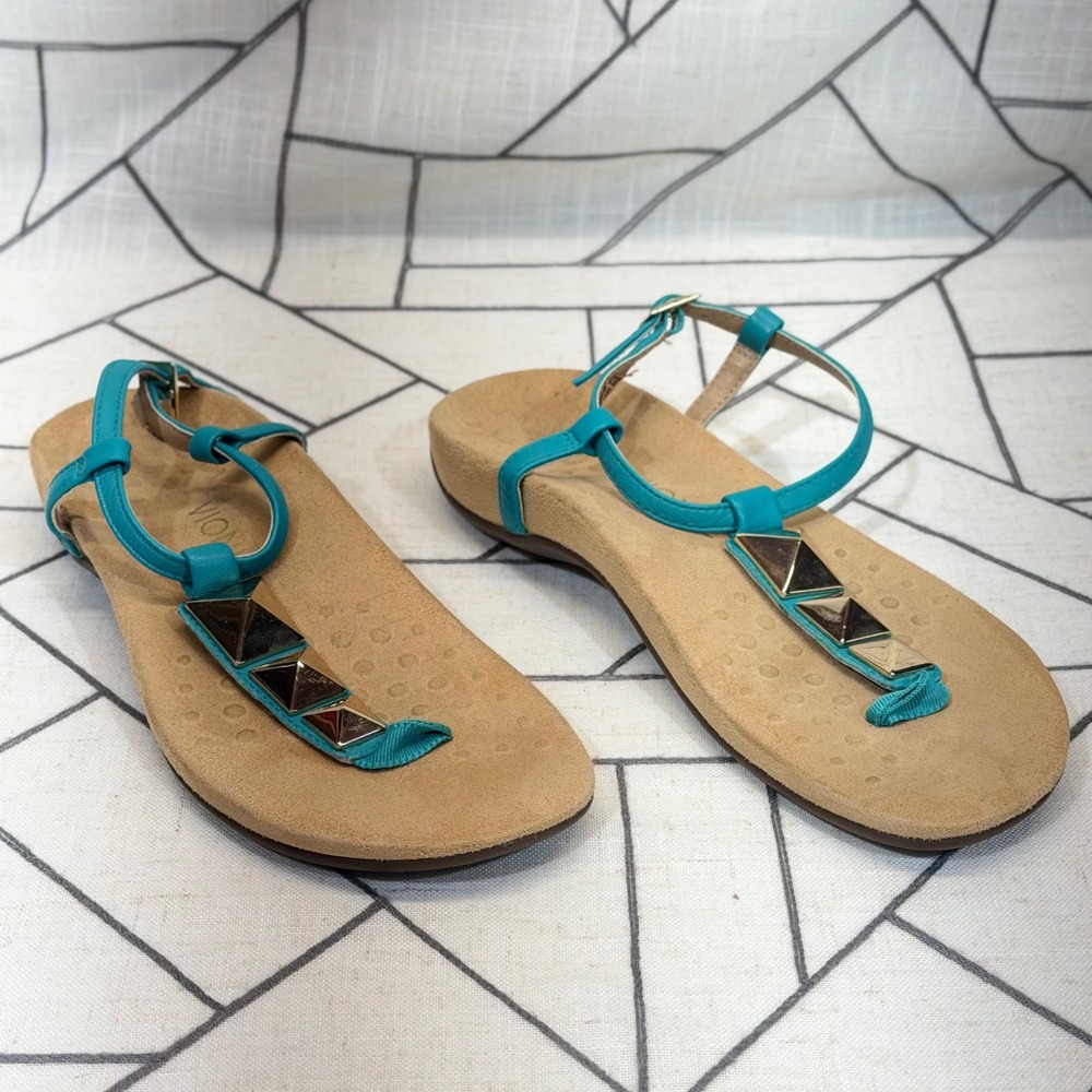 Vionic Sandals Size 8 Teal Leather Gold Studded Orthotic T-Strap Ankle Strap - Picture 1 of 9